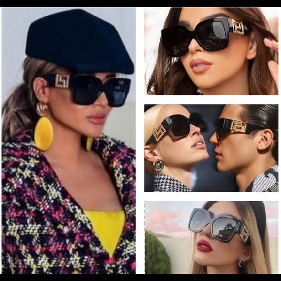 VERSACE STUNNING BLACK SQUARE FRAME SUNGLASSES WITH DRAMATIC GOLD GRECA LOGO - Picture 9 of 16